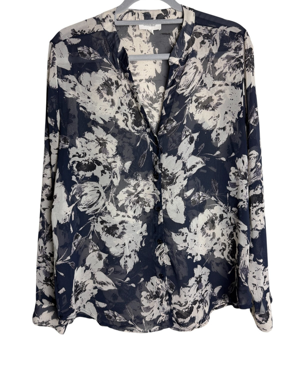 Böhme Sheer Navy Floral Button Up Work Blouse Roll Tab Sleeves Womens XL Sheer
